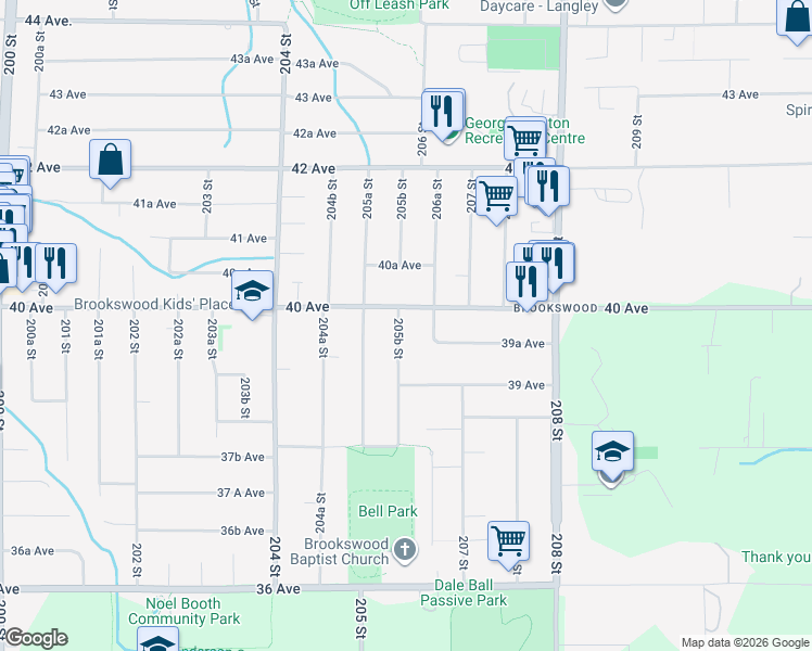 map of restaurants, bars, coffee shops, grocery stores, and more near 3976 205B Street in Langley