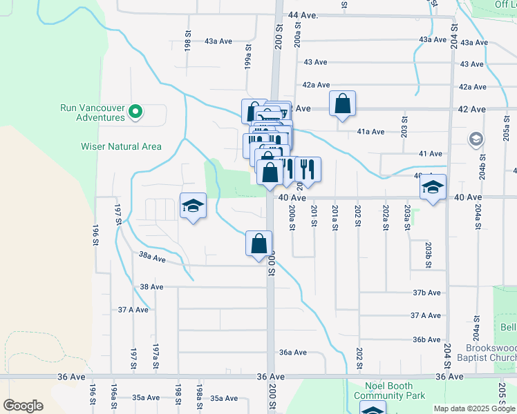 map of restaurants, bars, coffee shops, grocery stores, and more near 19971 39A Avenue in Langley
