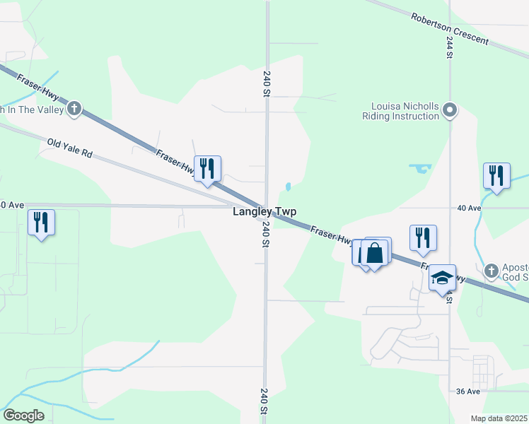 map of restaurants, bars, coffee shops, grocery stores, and more near in Langley Township