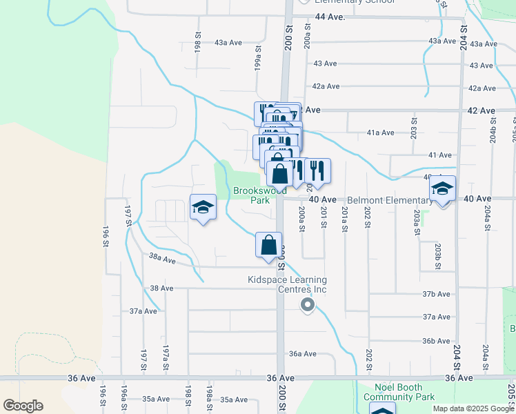 map of restaurants, bars, coffee shops, grocery stores, and more near 19957 39A Avenue in Langley City