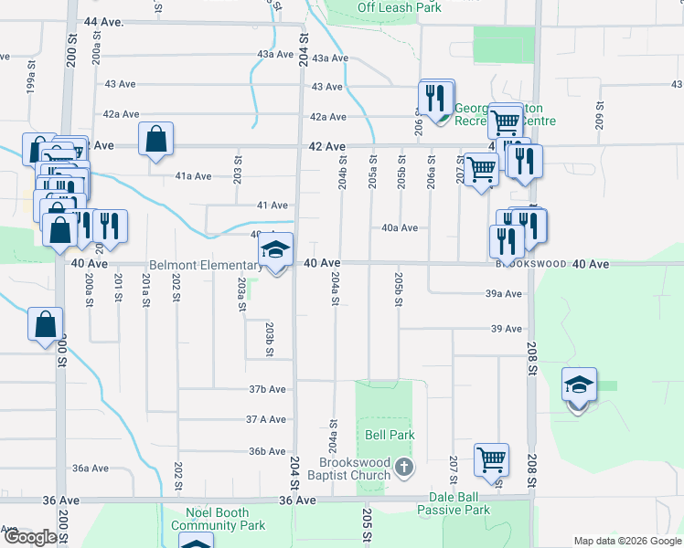 map of restaurants, bars, coffee shops, grocery stores, and more near 3980 204A Street in Langley