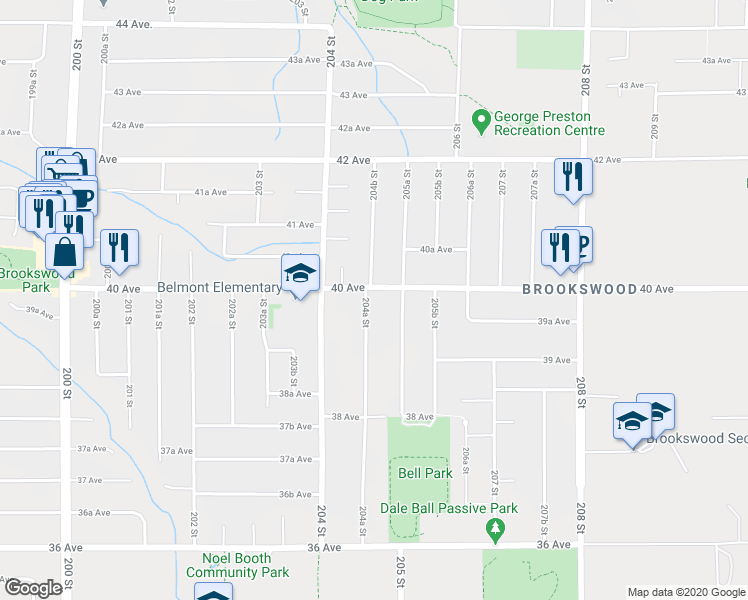 map of restaurants, bars, coffee shops, grocery stores, and more near 3980 204A Street in Langley City