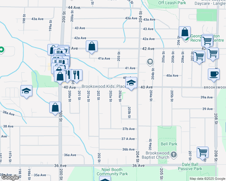 map of restaurants, bars, coffee shops, grocery stores, and more near 20290 40 Avenue in Langley