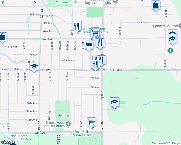map of restaurants, bars, coffee shops, grocery stores, and more near 20734 40 Avenue in Langley