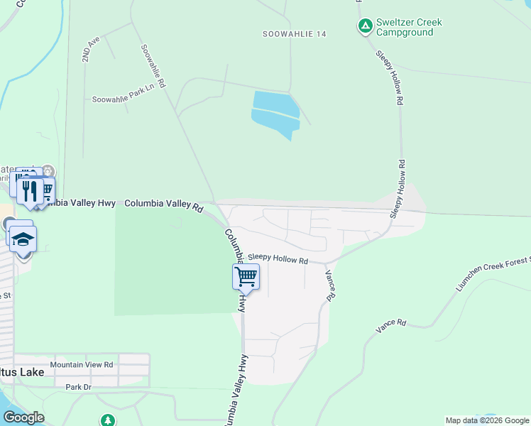 map of restaurants, bars, coffee shops, grocery stores, and more near 3942 Columbia Valley Road in Cultus Lake