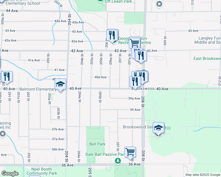 map of restaurants, bars, coffee shops, grocery stores, and more near 20636 40 Avenue in Langley