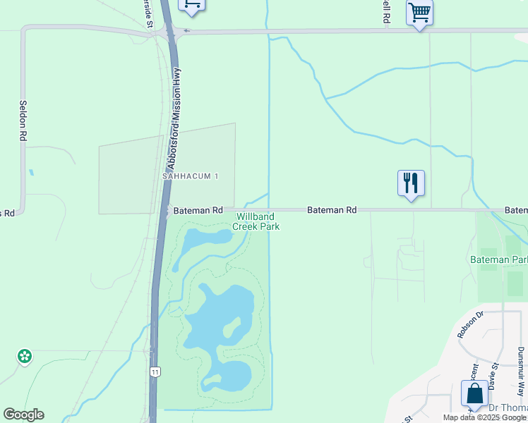 map of restaurants, bars, coffee shops, grocery stores, and more near 34350 Bateman Road in Abbotsford