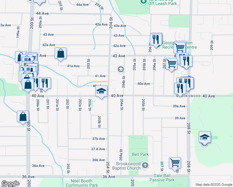 map of restaurants, bars, coffee shops, grocery stores, and more near 4014 204A Street in Langley
