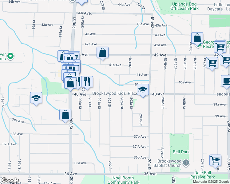 map of restaurants, bars, coffee shops, grocery stores, and more near 20225 40 Avenue in Langley City