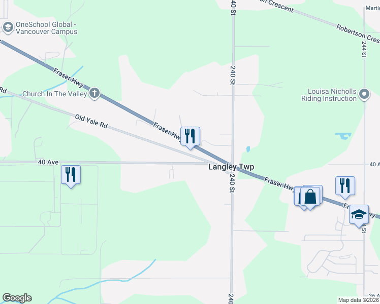 map of restaurants, bars, coffee shops, grocery stores, and more near 23904 Fraser Highway in Langley Township