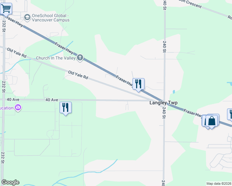 map of restaurants, bars, coffee shops, grocery stores, and more near 23726 Old Yale Road in Langley