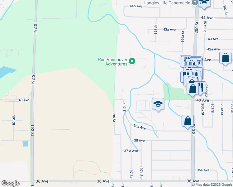 map of restaurants, bars, coffee shops, grocery stores, and more near 4036 196 Street in Langley