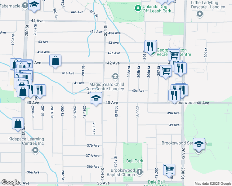 map of restaurants, bars, coffee shops, grocery stores, and more near 4047 204B Street in Langley