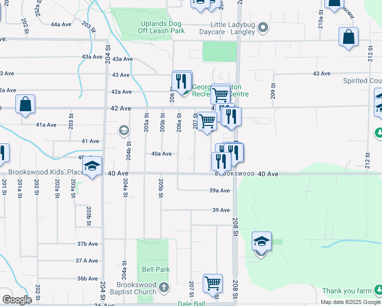 map of restaurants, bars, coffee shops, grocery stores, and more near 4059 207 Street in Langley
