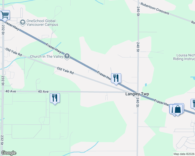 map of restaurants, bars, coffee shops, grocery stores, and more near 23747 Old Yale Road in Langley Township