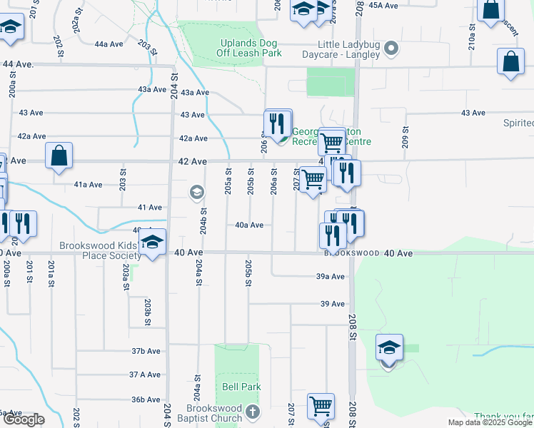 map of restaurants, bars, coffee shops, grocery stores, and more near 4083 206A Street in Langley
