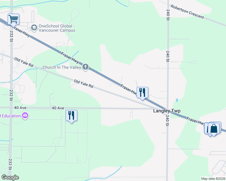 map of restaurants, bars, coffee shops, grocery stores, and more near 23726 Old Yale Road in Langley