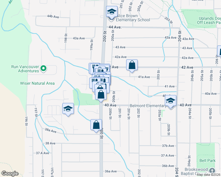map of restaurants, bars, coffee shops, grocery stores, and more near 4118 200 Street in Langley