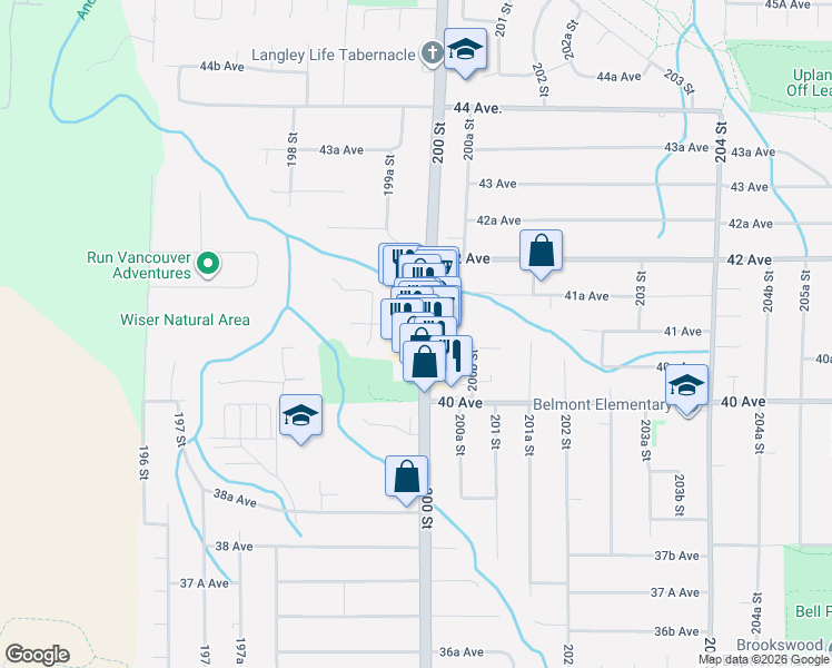 map of restaurants, bars, coffee shops, grocery stores, and more near 4061 200 Street in Langley