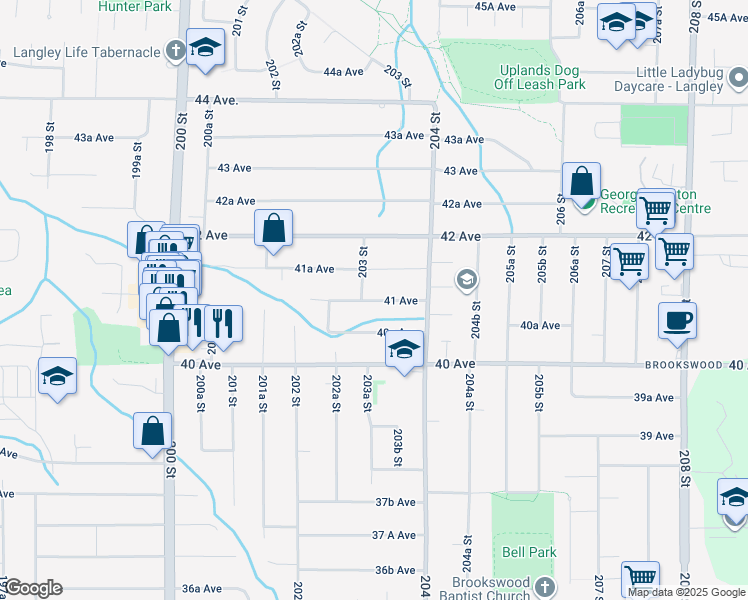 map of restaurants, bars, coffee shops, grocery stores, and more near 2870 203 Street in Langley City