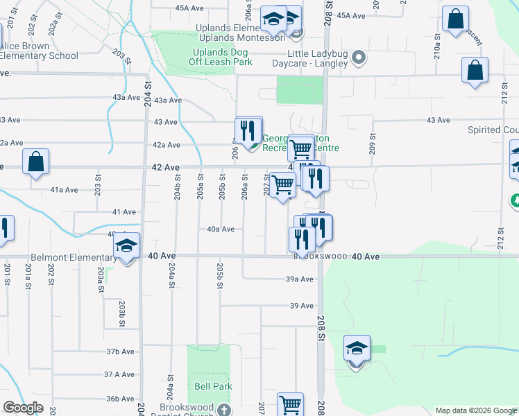 map of restaurants, bars, coffee shops, grocery stores, and more near 4113 207 Street in Langley