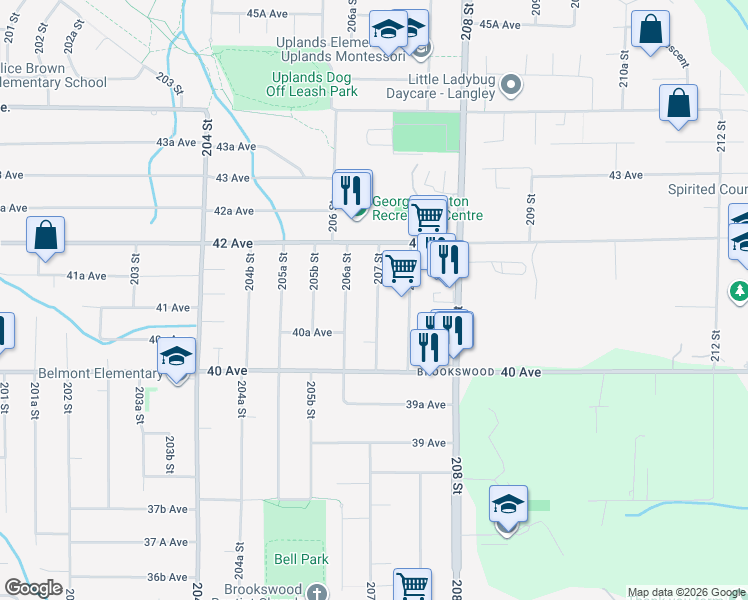 map of restaurants, bars, coffee shops, grocery stores, and more near 4113 207 Street in Langley City