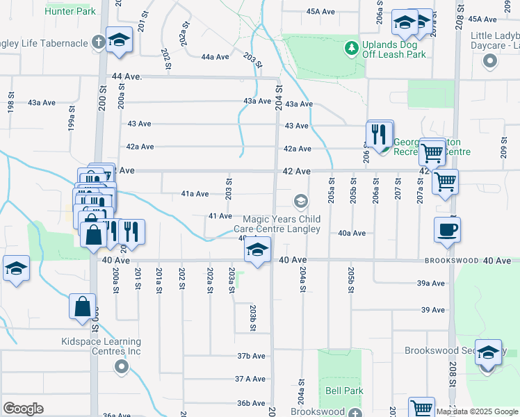 map of restaurants, bars, coffee shops, grocery stores, and more near 20383 41 Avenue in Langley