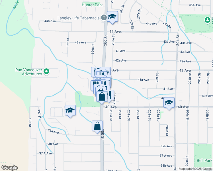 map of restaurants, bars, coffee shops, grocery stores, and more near 4118 200 Street in Langley