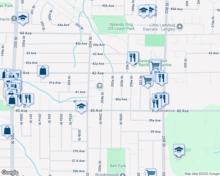 map of restaurants, bars, coffee shops, grocery stores, and more near 4121 205A Street in Langley