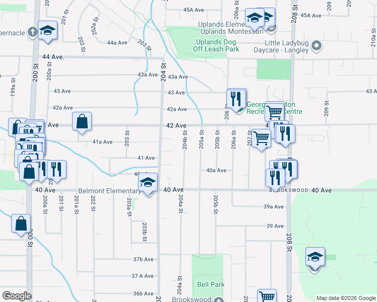 map of restaurants, bars, coffee shops, grocery stores, and more near 4120 204B Street in Langley