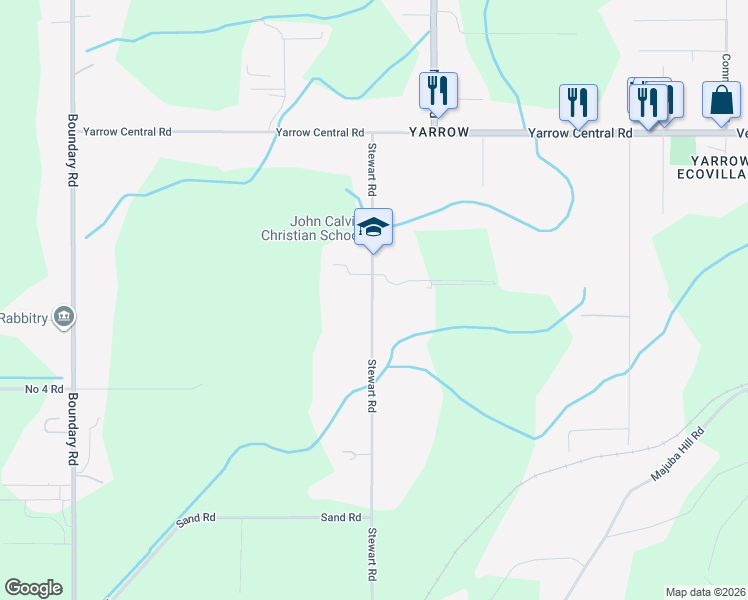 map of restaurants, bars, coffee shops, grocery stores, and more near 4170 Stewart Road in Chilliwack