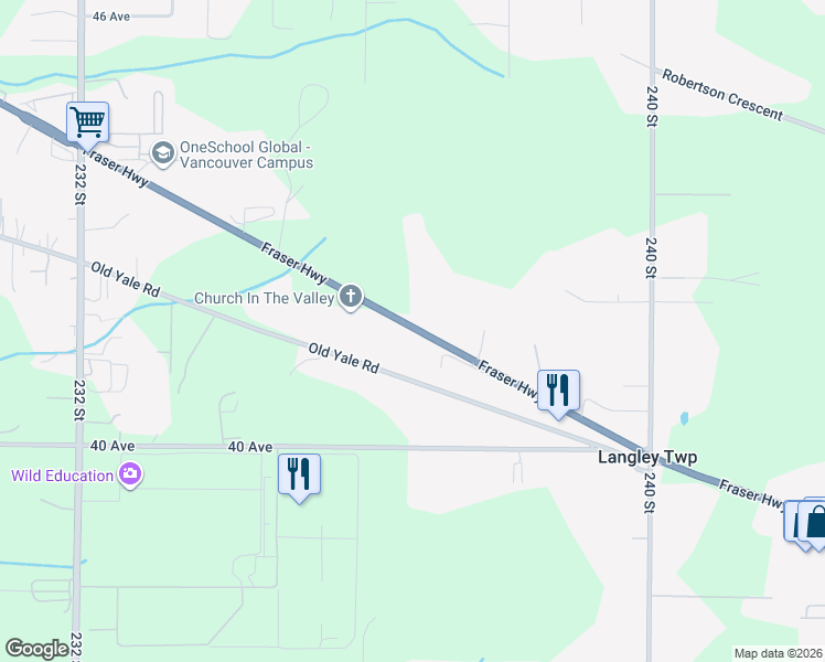 map of restaurants, bars, coffee shops, grocery stores, and more near 23664 Fraser Highway in Langley