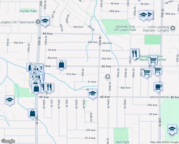 map of restaurants, bars, coffee shops, grocery stores, and more near 20345 41A Avenue in Langley