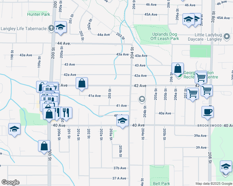 map of restaurants, bars, coffee shops, grocery stores, and more near 20333 41A Avenue in Langley