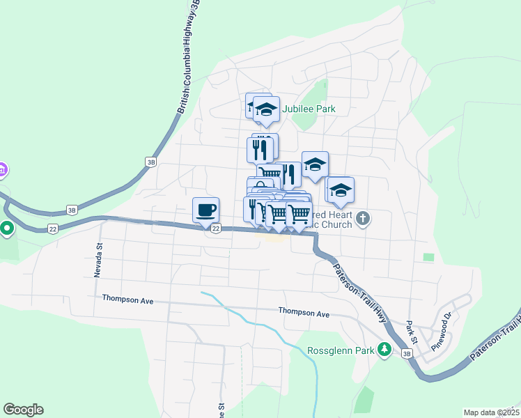 map of restaurants, bars, coffee shops, grocery stores, and more near 1960 1 Avenue in Rossland
