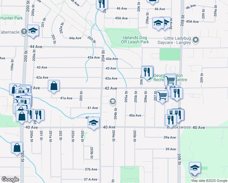 map of restaurants, bars, coffee shops, grocery stores, and more near 7919 204B Street in Langley