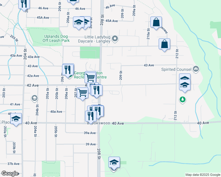 map of restaurants, bars, coffee shops, grocery stores, and more near 20890 42 Avenue in Langley