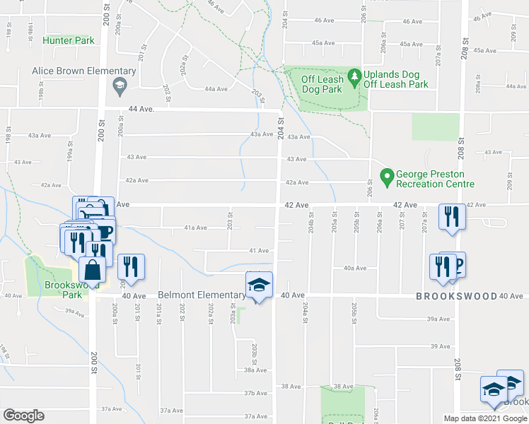 map of restaurants, bars, coffee shops, grocery stores, and more near 20372 42 Avenue in Langley City