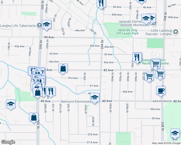 map of restaurants, bars, coffee shops, grocery stores, and more near 20334 42 Avenue in Langley