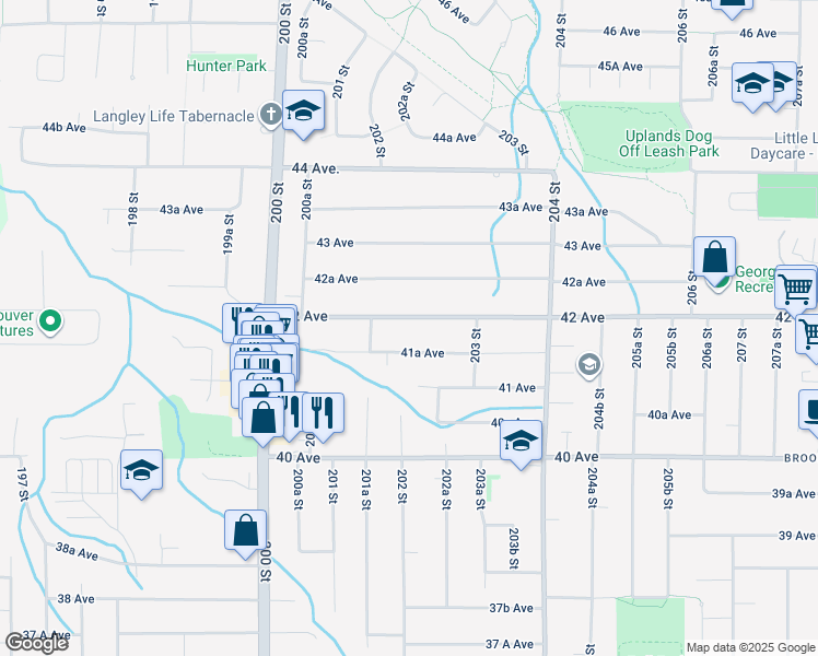 map of restaurants, bars, coffee shops, grocery stores, and more near 20208 42 Avenue in Langley