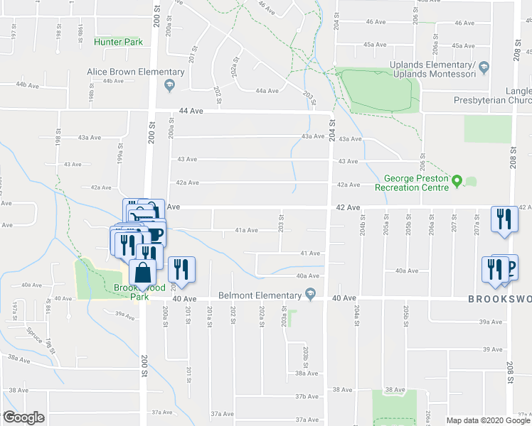 map of restaurants, bars, coffee shops, grocery stores, and more near 20278 42 Avenue in Langley