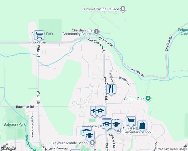 map of restaurants, bars, coffee shops, grocery stores, and more near 4217 Old Clayburn Road in Abbotsford