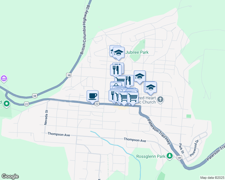 map of restaurants, bars, coffee shops, grocery stores, and more near 1960 1 Avenue in Rossland