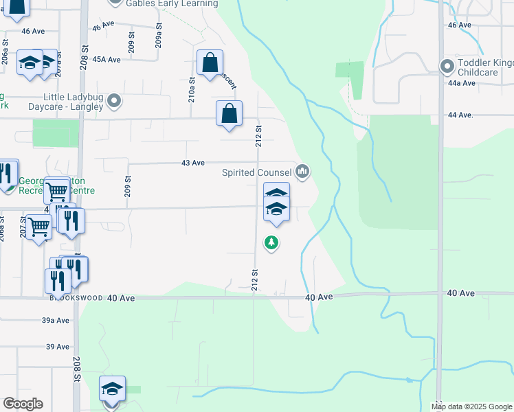 map of restaurants, bars, coffee shops, grocery stores, and more near 21243 42 Avenue in Langley
