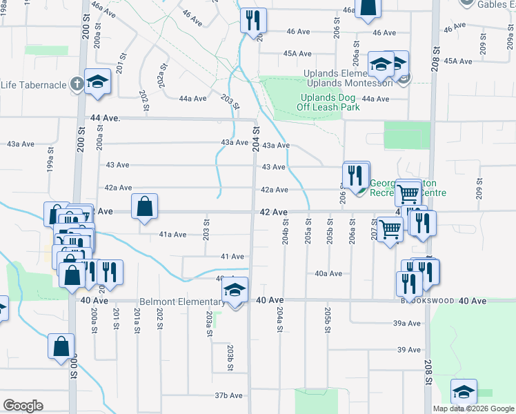 map of restaurants, bars, coffee shops, grocery stores, and more near 20413 42 Avenue in Langley