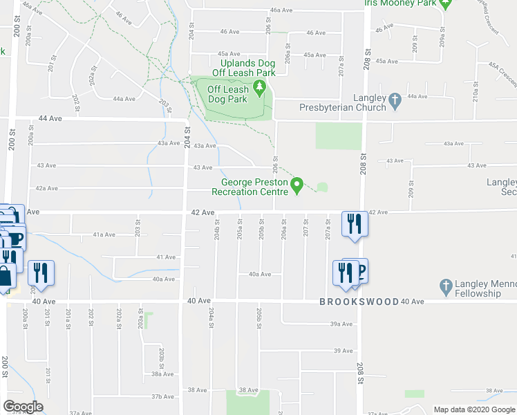 map of restaurants, bars, coffee shops, grocery stores, and more near 20567 42 Avenue in Langley