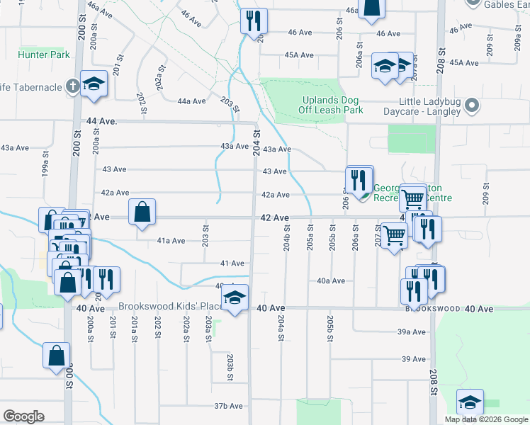 map of restaurants, bars, coffee shops, grocery stores, and more near 20421 42 Avenue in Langley