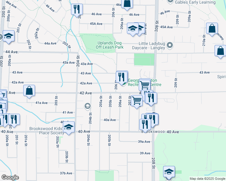 map of restaurants, bars, coffee shops, grocery stores, and more near 20593 42 Avenue in Langley