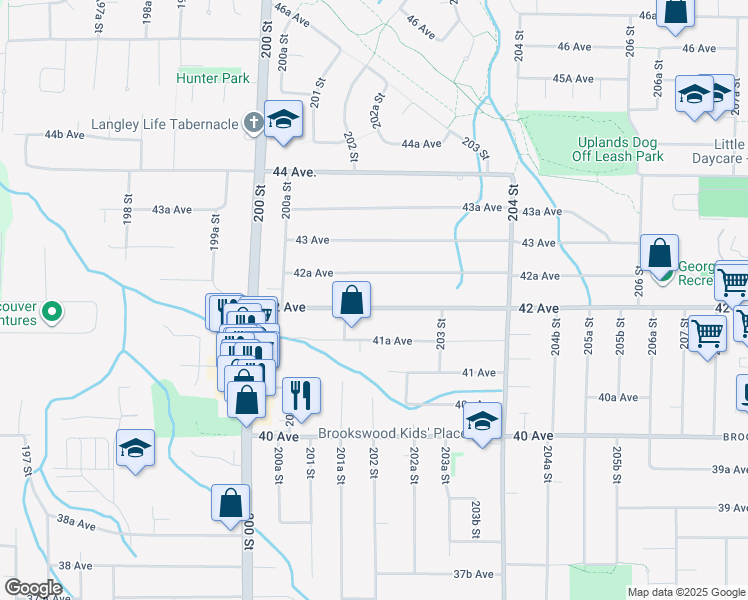 map of restaurants, bars, coffee shops, grocery stores, and more near 20197 42 Avenue in Langley