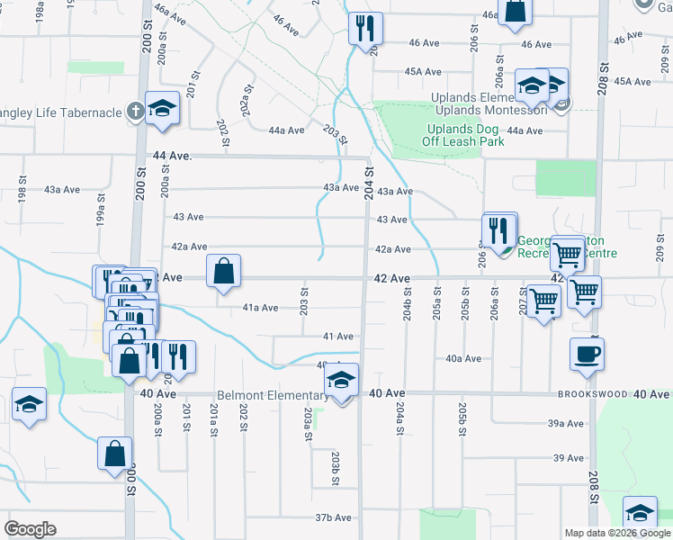 map of restaurants, bars, coffee shops, grocery stores, and more near 20357 42 Avenue in Langley